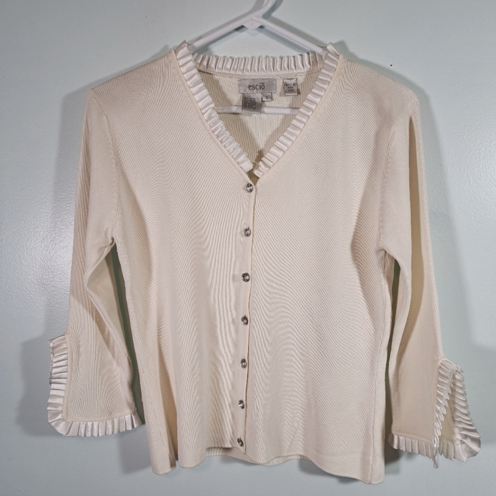 Vintage Escio Cardigan V-neck Pleated Satin Trim Rhinestone Buttons SZ S